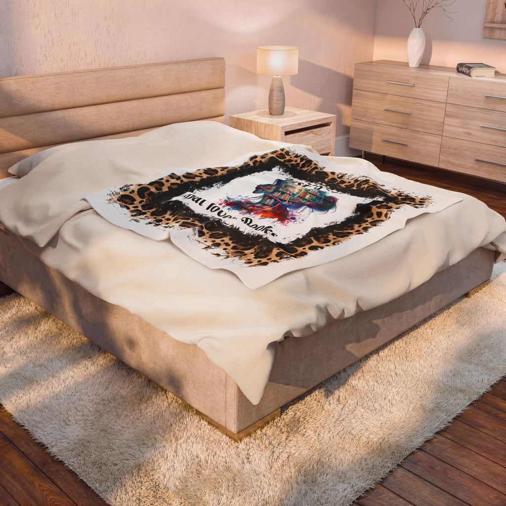 Velveteen Plush Blanket - "Just A Girl That Loves Books" Colorful Bookshelf Silhouette with Leopard Border