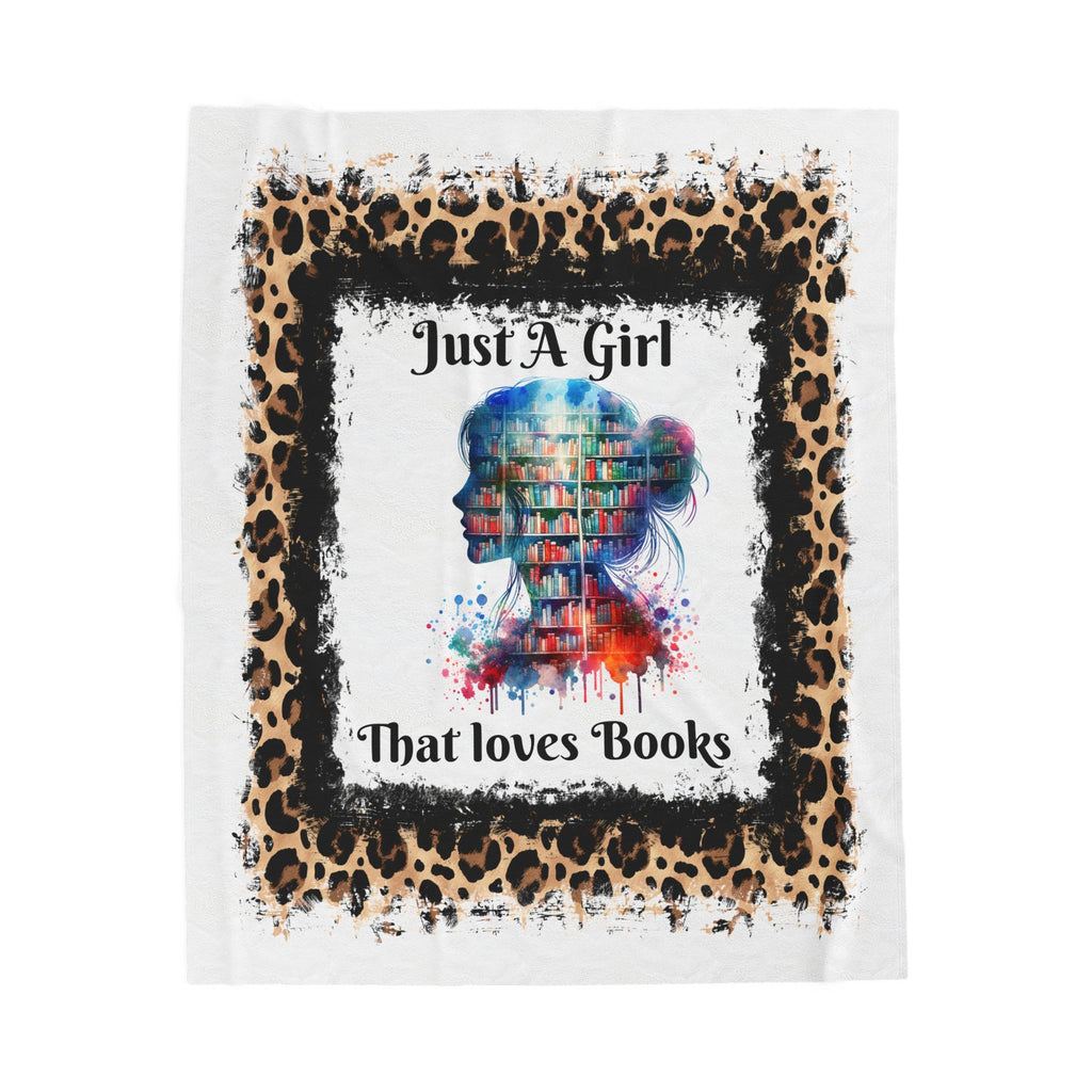 Velveteen Plush Blanket - "Just A Girl That Loves Books" Colorful Bookshelf Silhouette with Leopard Border