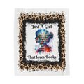 Velveteen Plush Blanket - "Just A Girl That Loves Books" Colorful Bookshelf Silhouette with Leopard Border