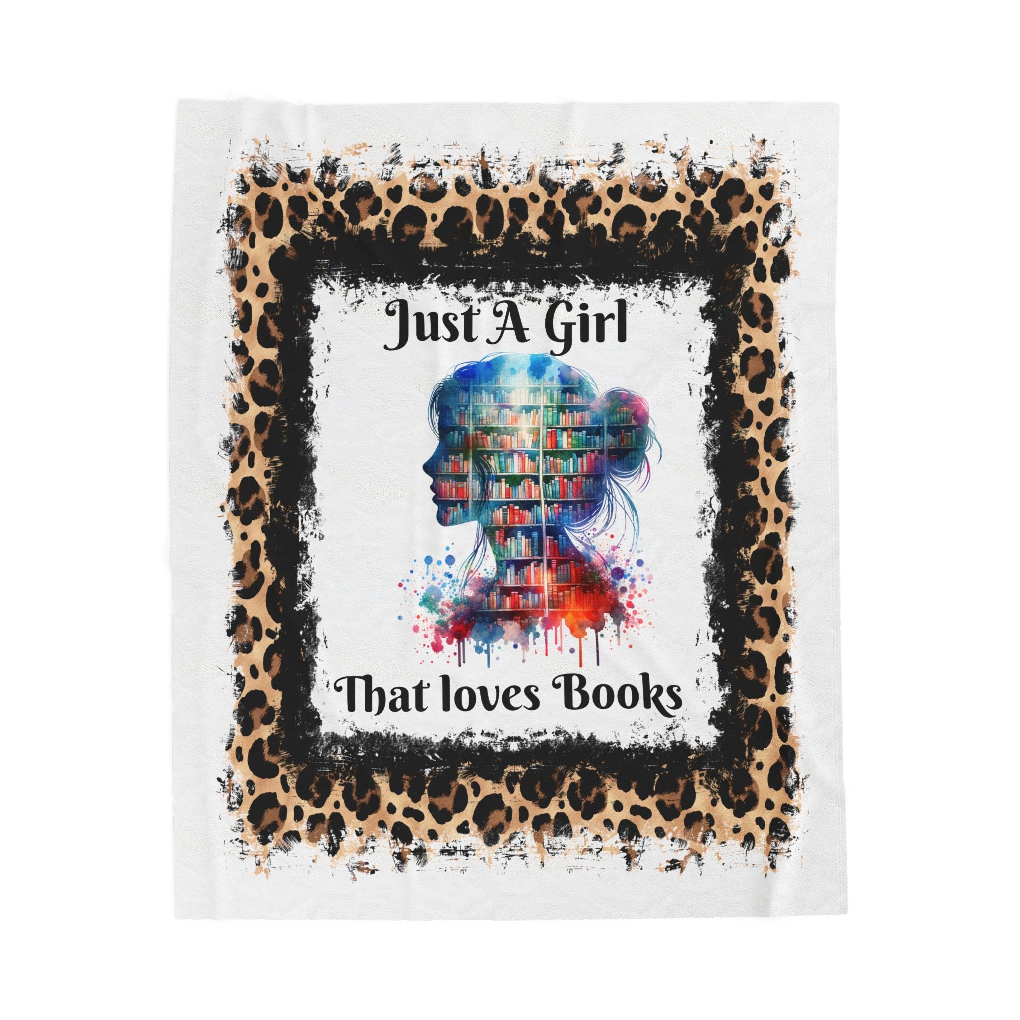 Velveteen Plush Blanket - "Just A Girl That Loves Books" Colorful Bookshelf Silhouette with Leopard Border