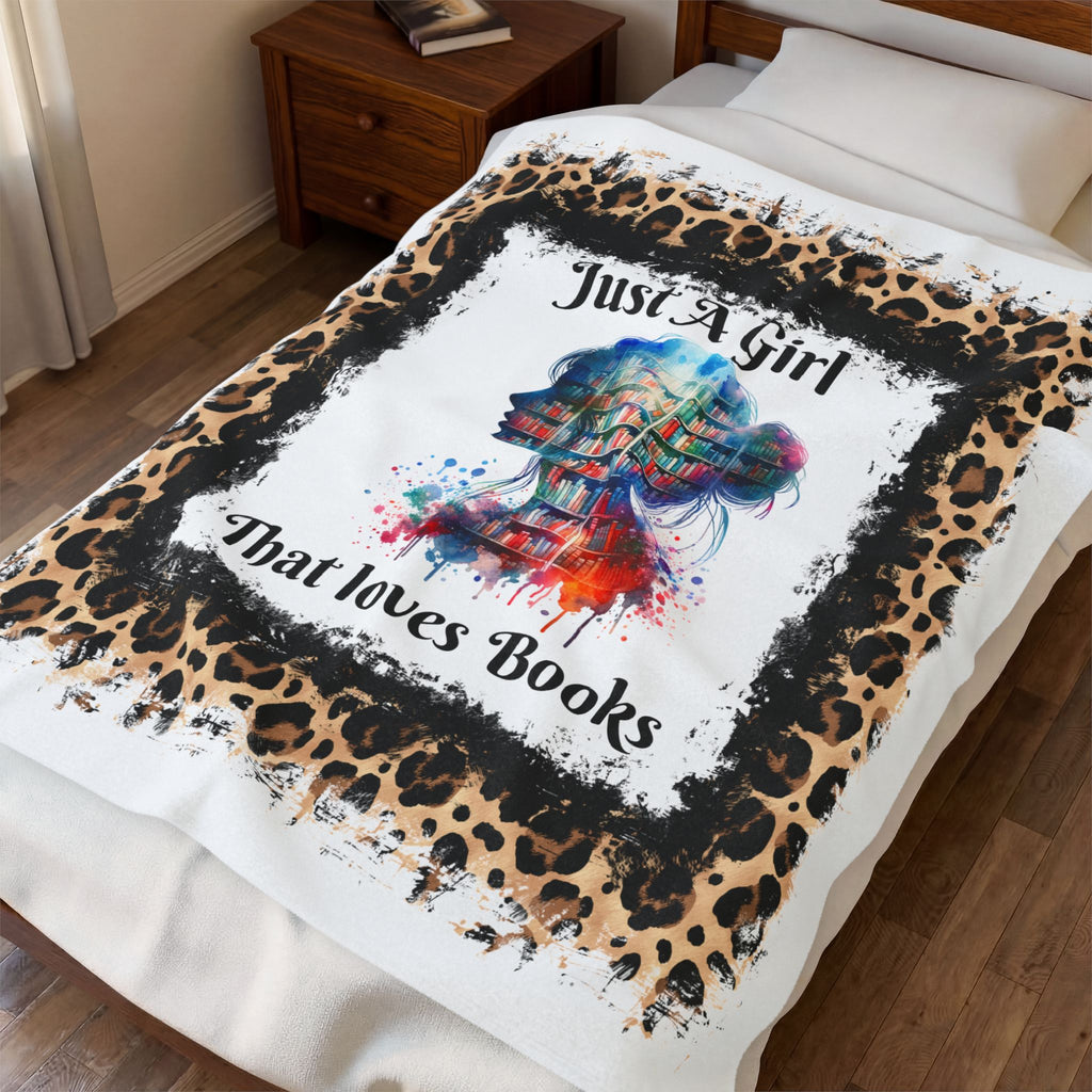 Velveteen Plush Blanket - "Just A Girl That Loves Books" Colorful Bookshelf Silhouette with Leopard Border